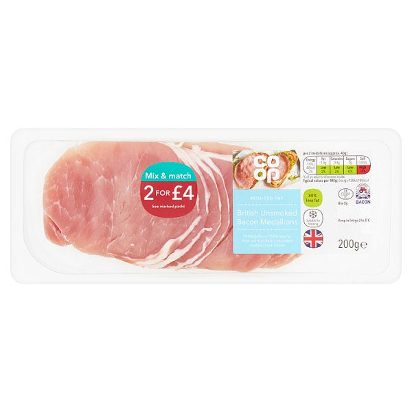 Co-op Reduced Fat Unsmoked Bacon Medallions 200g
