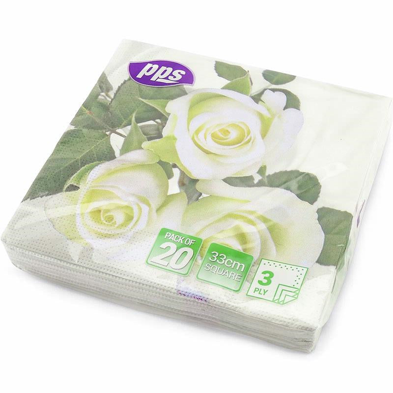 PPS Napkins - 3ply 33cm White Rose Flower 20pk*