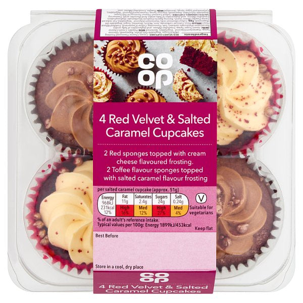 Co-op Red Velvet/Salted Caramel Cupcakes 4pk